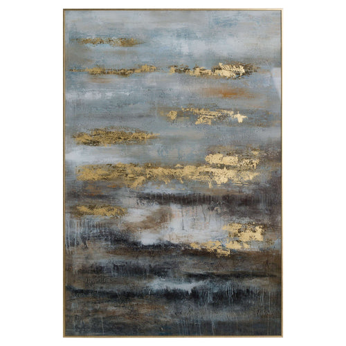 Large Abstract Grey And Gold Glass Image With Gold Frame