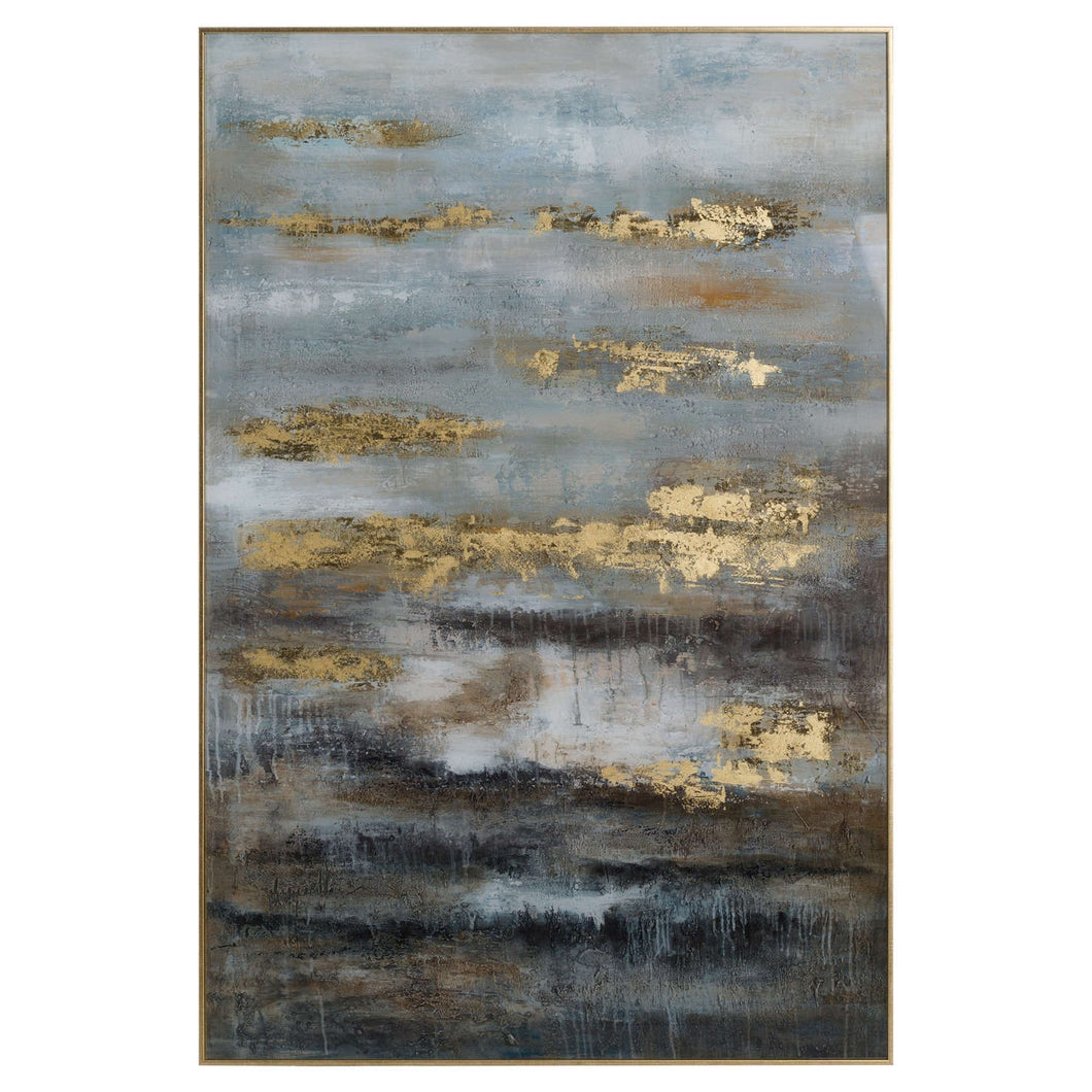 Large Abstract Grey And Gold Glass Image With Gold Frame